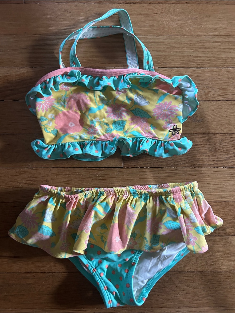 Matilda Jane Yellow Floral Bikini Set with Aqua & Pink Ruffles